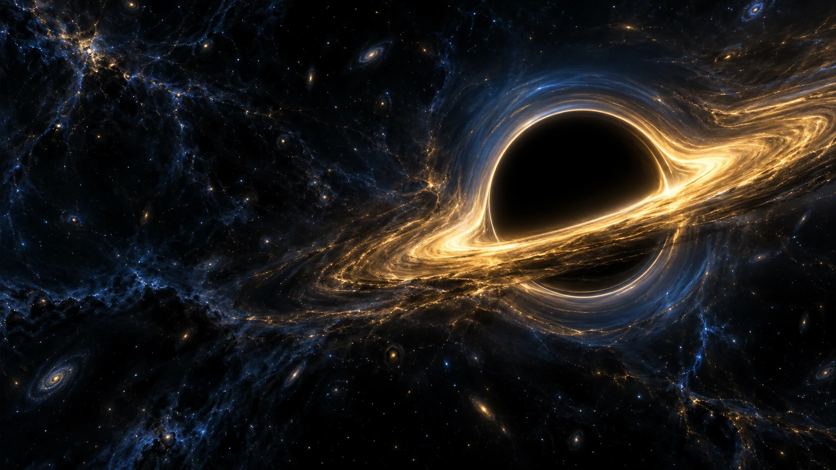Conceptual black hole with a golden accretion disk and blue cosmic filaments